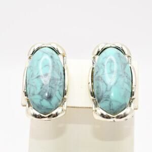 Vintage Turquoise Glass Cabochon Clip Earrings Silver Tone PAT PEND